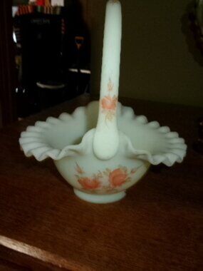 Vtg Fenton hand painted basket artist signed Custard Satin glass iridescent 8 in